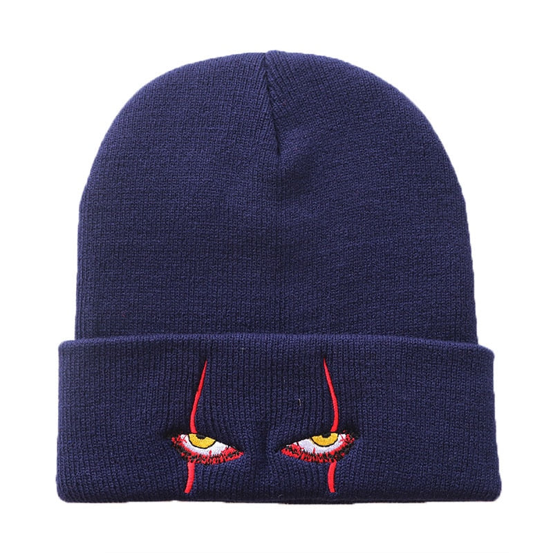 Embroidered Woolen Beanies Hat Scary Clown Eyes Knitted Hat Warm Halloween Hat Beanies