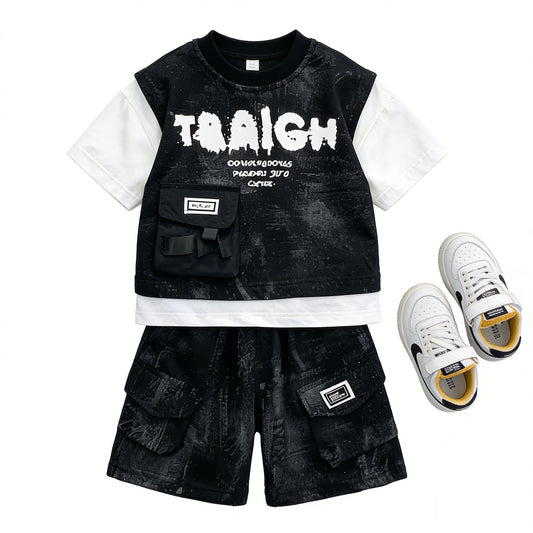Boy's Short Sleeve Set, Cargo Vest Two-Piece Set