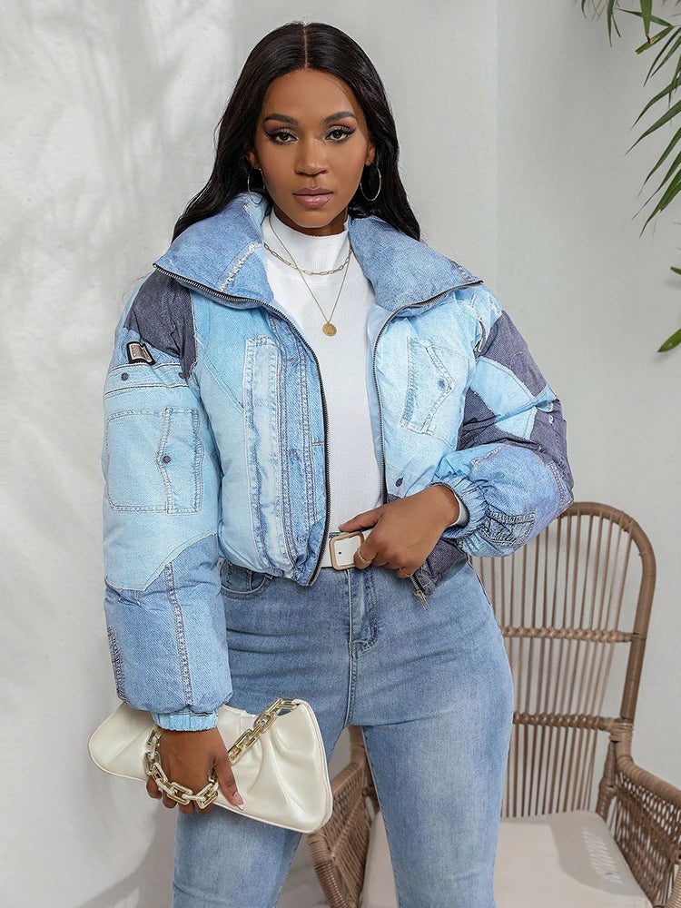 Fashion Women's Cotton-padded Coat Denim Printing Lapel -NB