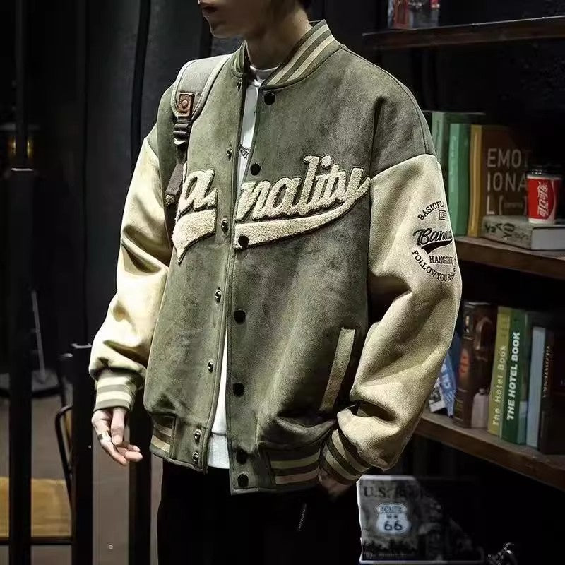 Spring and Autumn Deer Skin Trendy Stand up Collar Windproof Sports Baseball Jacket Men  Retro Jacket