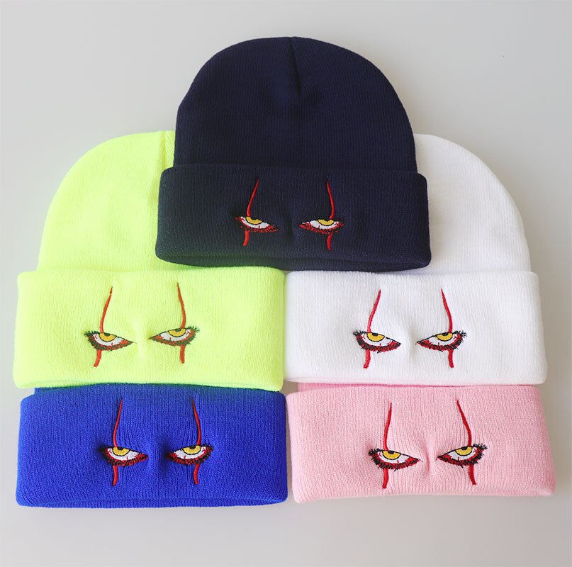 Embroidered Woolen Beanies Hat Scary Clown Eyes Knitted Hat Warm Halloween Hat Beanies