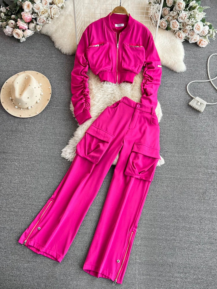 Fashion Set Women's Round-Neck Zipper Cargo Jacket Motorcycle Coat High Waist Back Elastic Pants Autumn