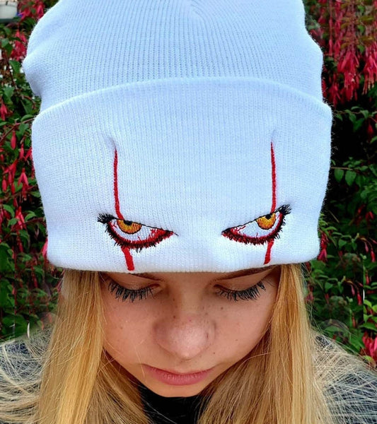 Embroidered Woolen Beanies Hat Scary Clown Eyes Knitted Hat Warm Halloween Hat Beanies