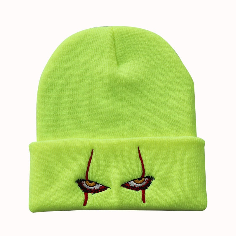 Embroidered Woolen Beanies Hat Scary Clown Eyes Knitted Hat Warm Halloween Hat Beanies