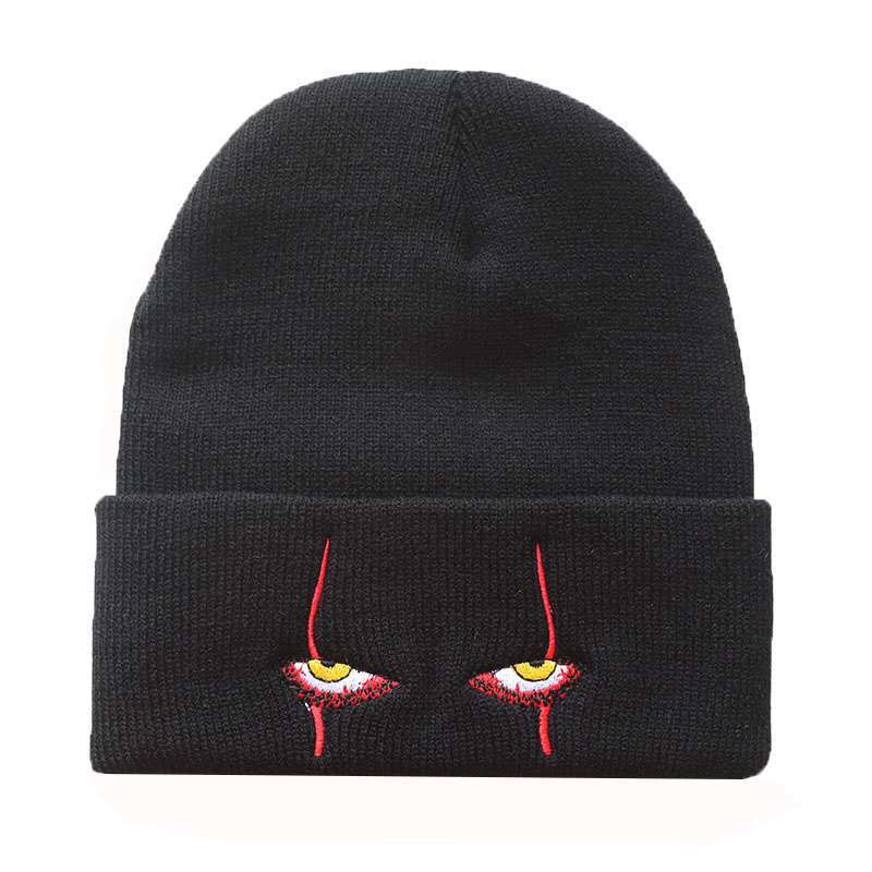 Embroidered Woolen Beanies Hat Scary Clown Eyes Knitted Hat Warm Halloween Hat Beanies