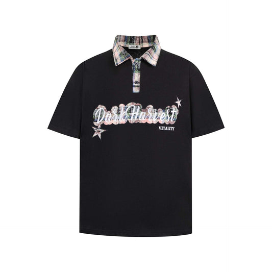 Color Block Applique Star Letter Embroidery Short Sleeve Polo Shirt Unisex