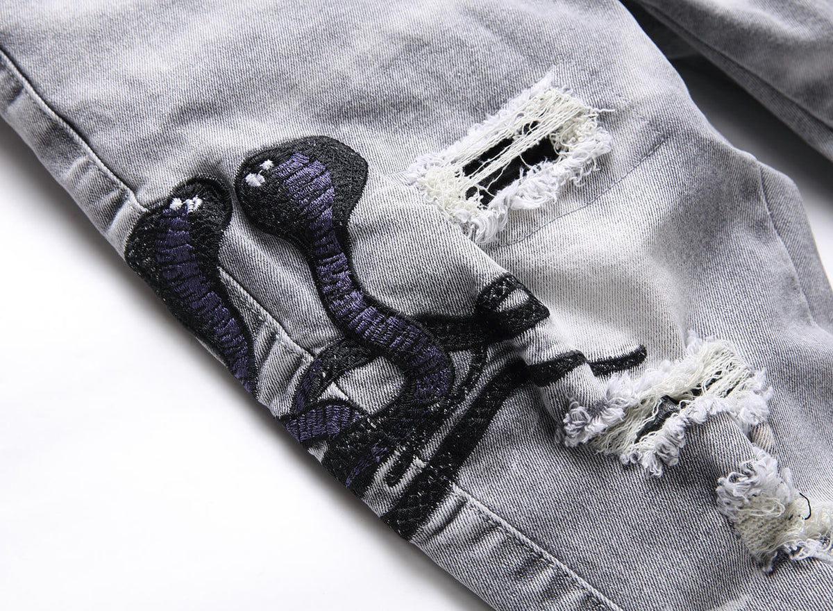 Mens Stretch Ripped Embroidered Jeans '' NO LA BAJE.